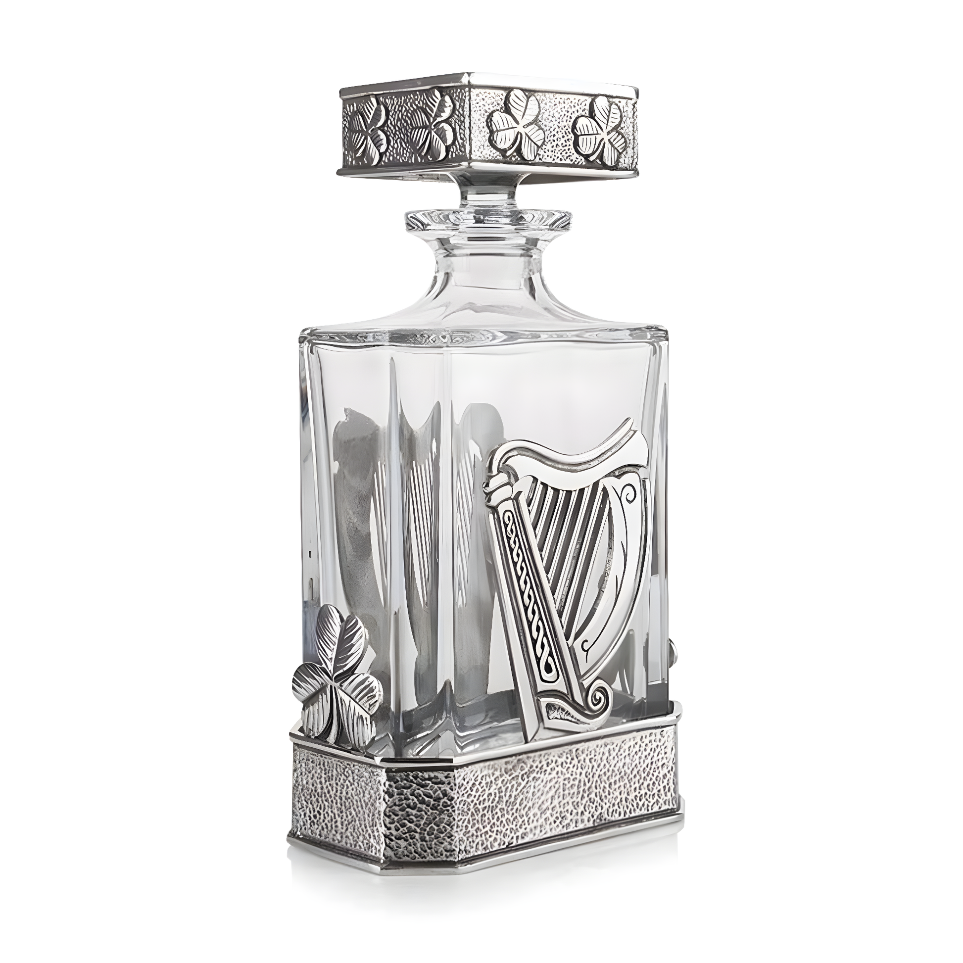 Irish harp and clover design on whiskey decanter glass bottle.