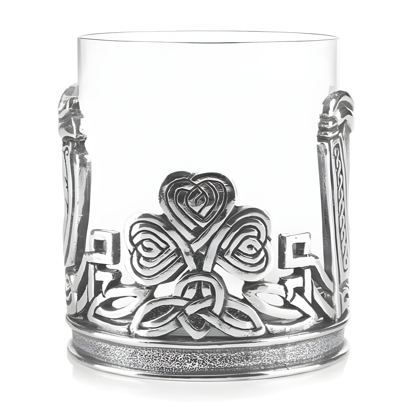 Decorative whiskey tumbler with Celtic claddagh and shamrock design in pewter.
