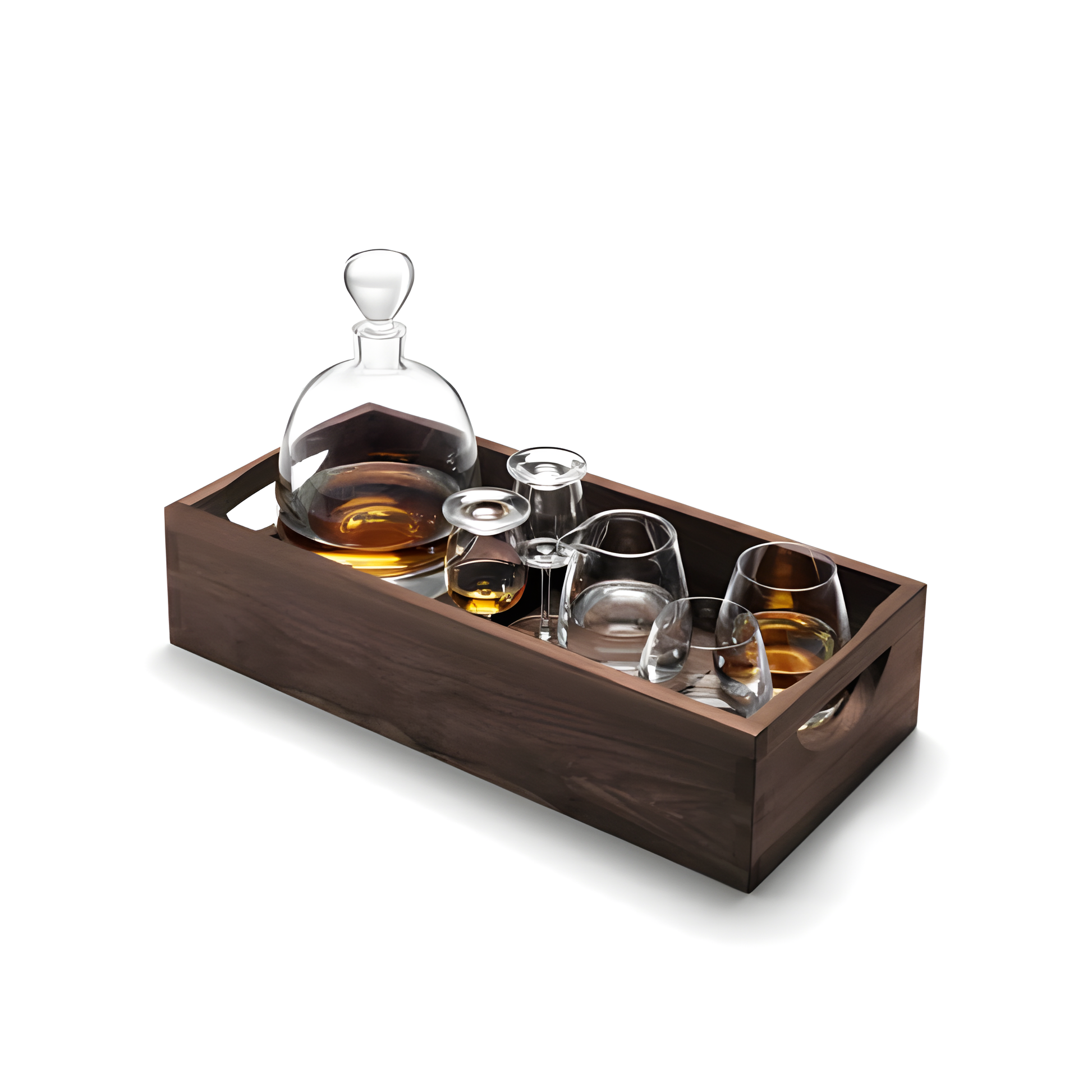 Premium whisky decanter set with glasses in rustic wooden tray, perfect for connoisseurs.