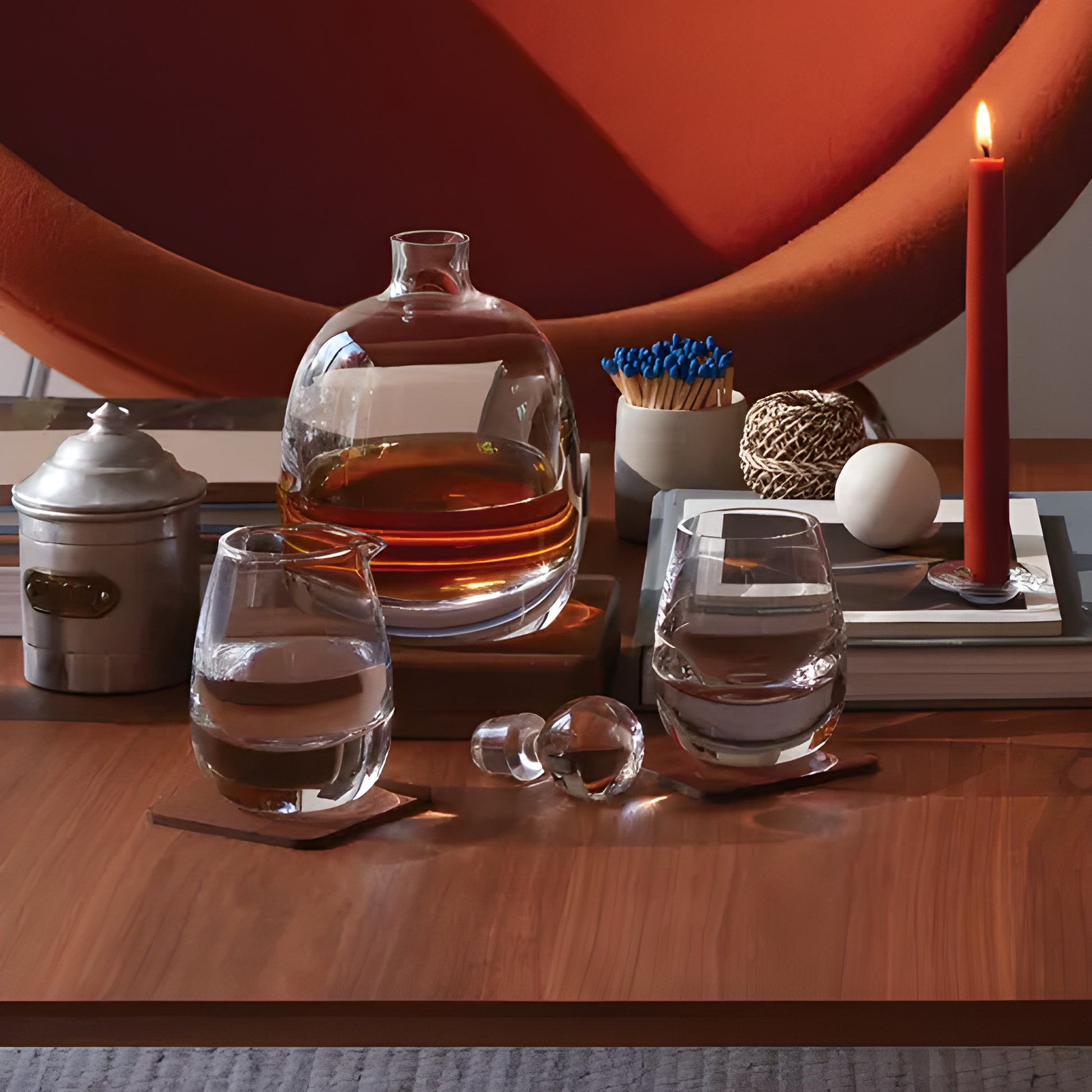 Glass of Islay whisky with decanter and candle on modern table.