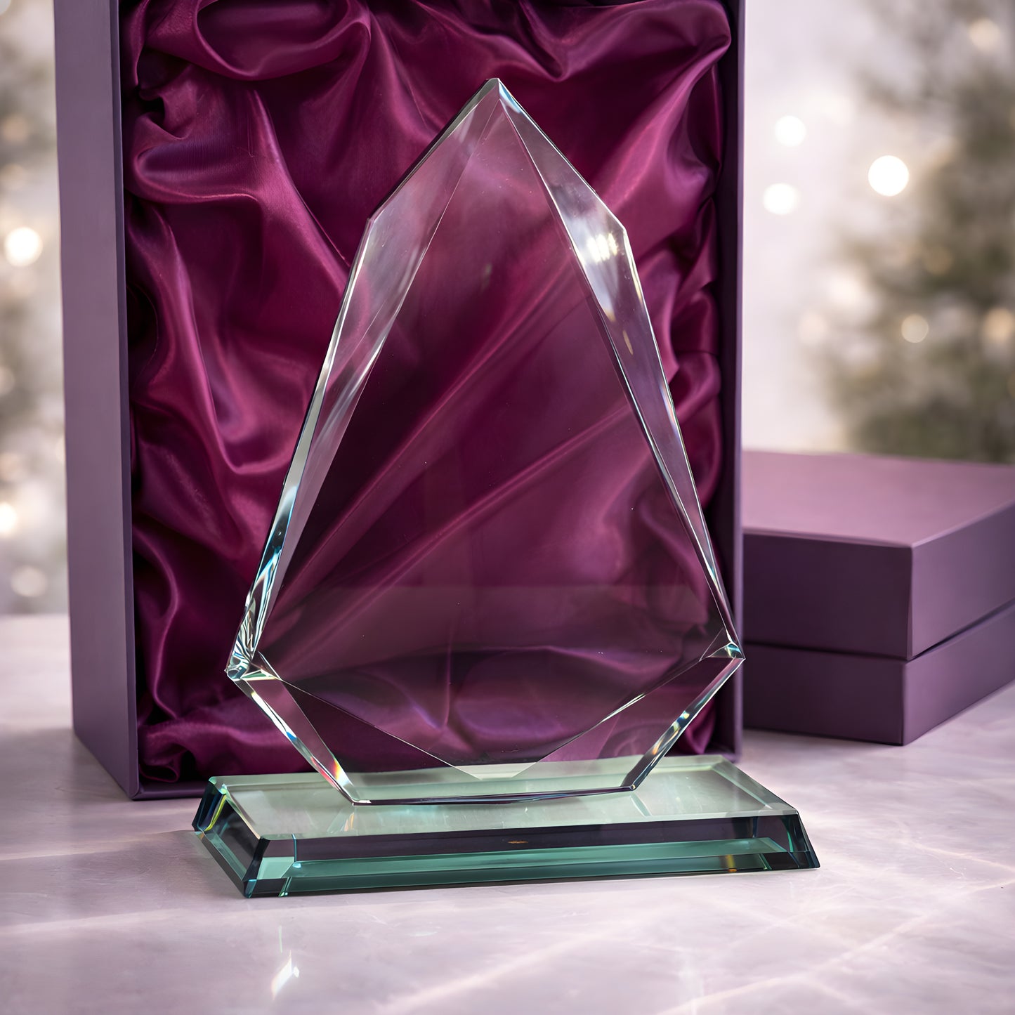 Jade arrow glass award trophy in purple presentation box.