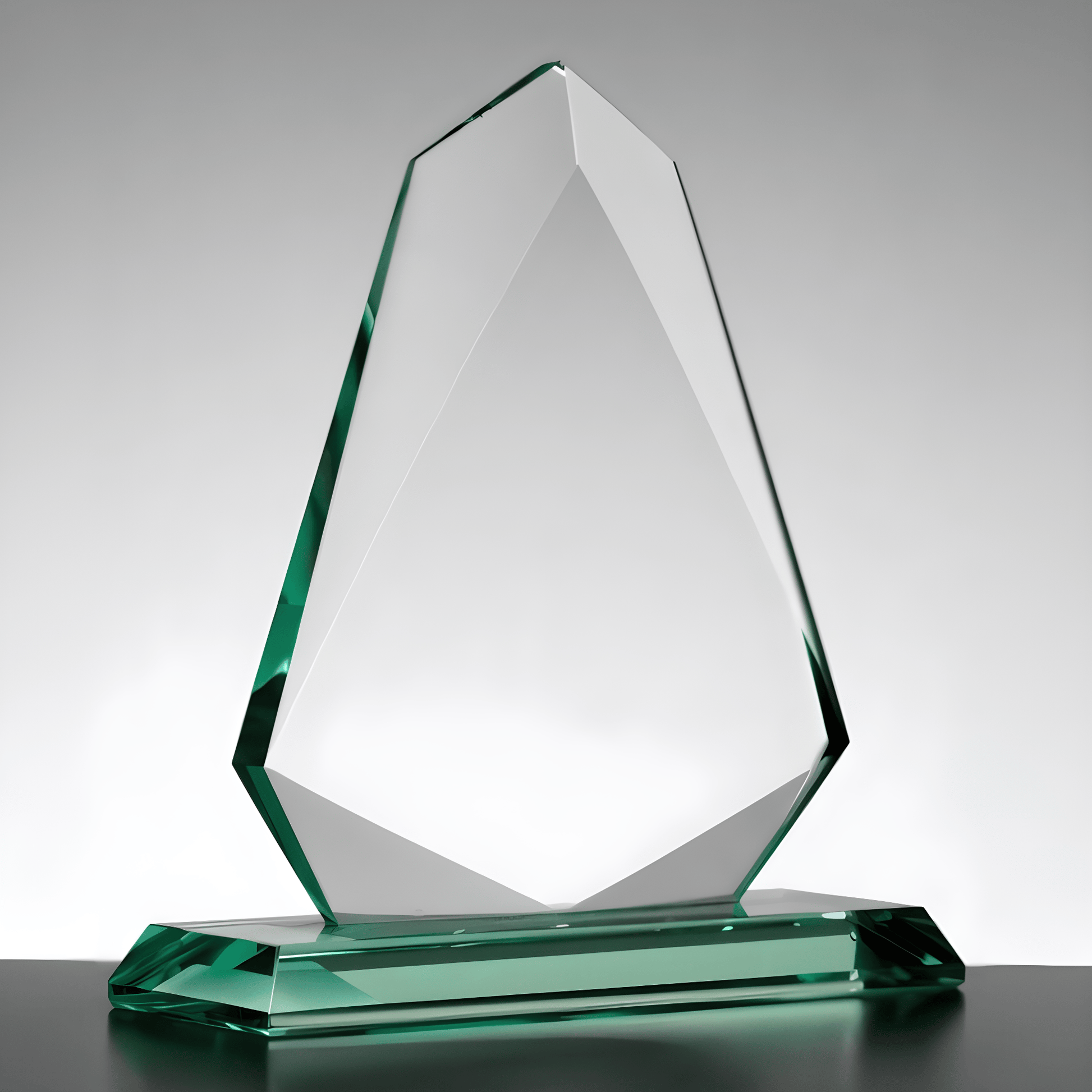 Elegant jade arrow glass award with green tint and diamond-cut design on black base.