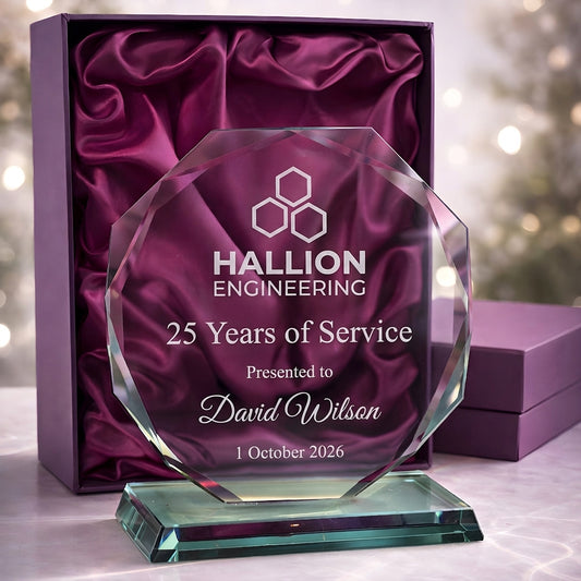 Example engraving (company logo): "Hallion Engineering / 25 Years of Service / David Wilson / 1 October 2026" on the Jade Facet Glass Award
