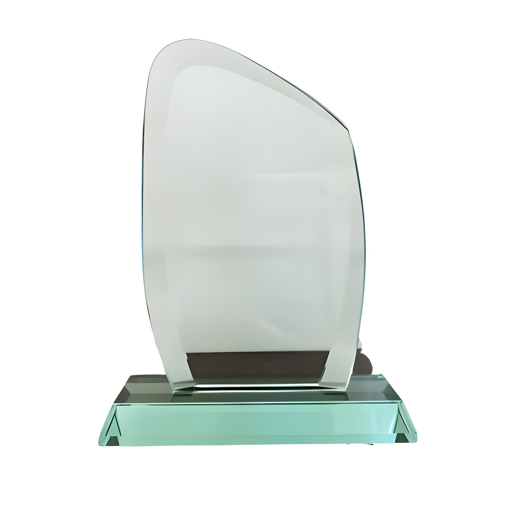 Curved jade glass award trophy with sleek modern design on a solid base.