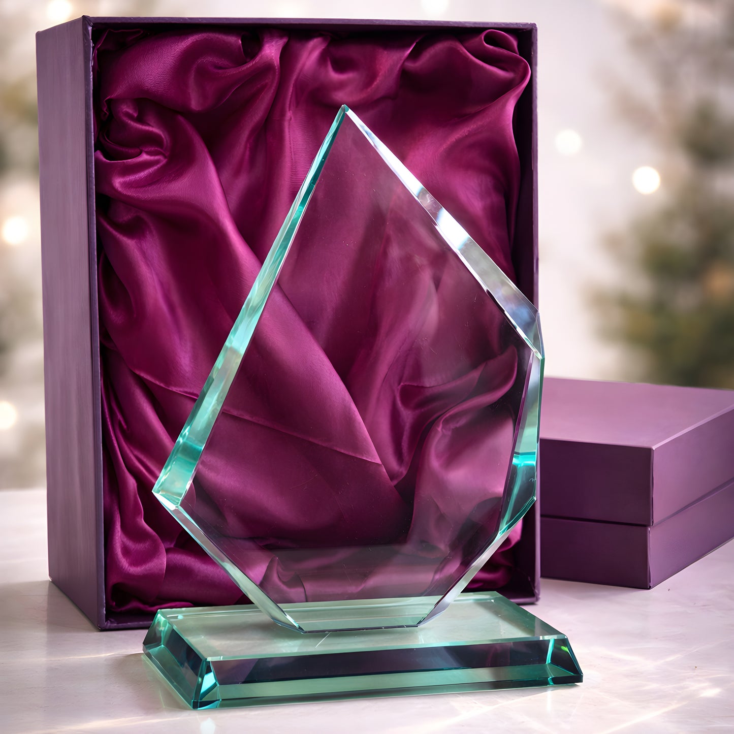 Jade iceberg glass award displayed on purple satin in gift box.