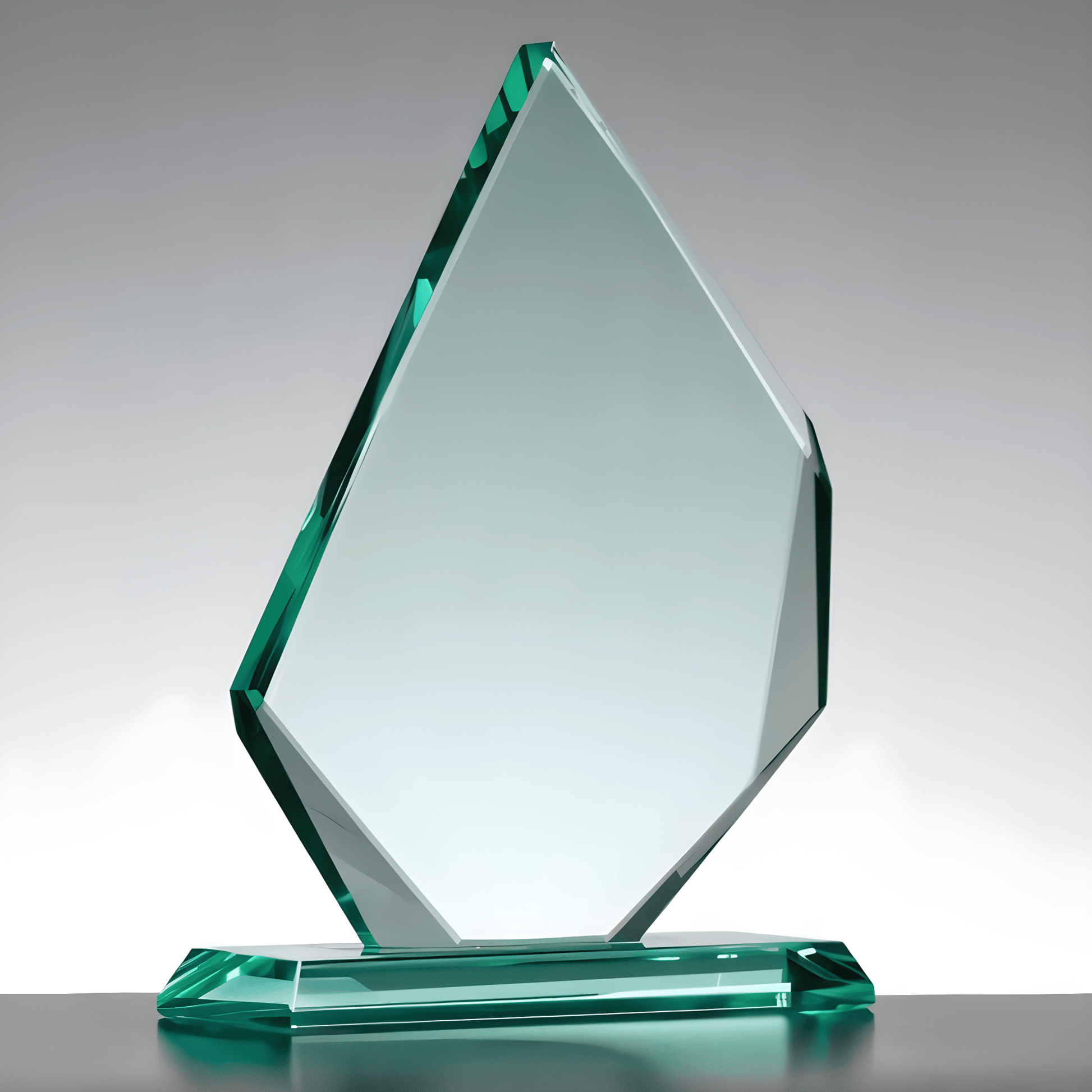 Jade glass award with geometric design on a black surface
