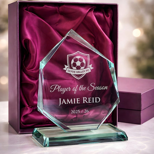 Example engraving (crest): "Clyde Valley FC / Player of the Season / Jamie Reid / 2025 / 26" on the Jade Iceburg Skye Glass Award