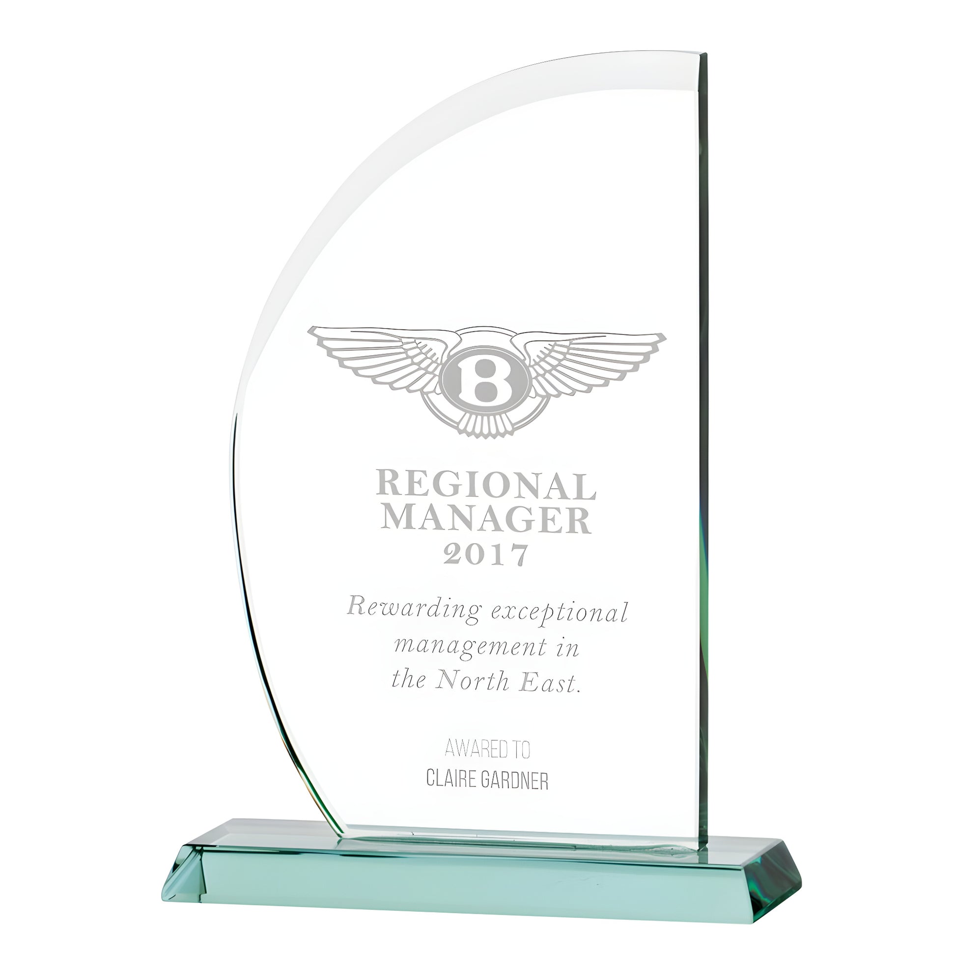 Jade glass award for Regional Manager 2017 with engraved text and logo.