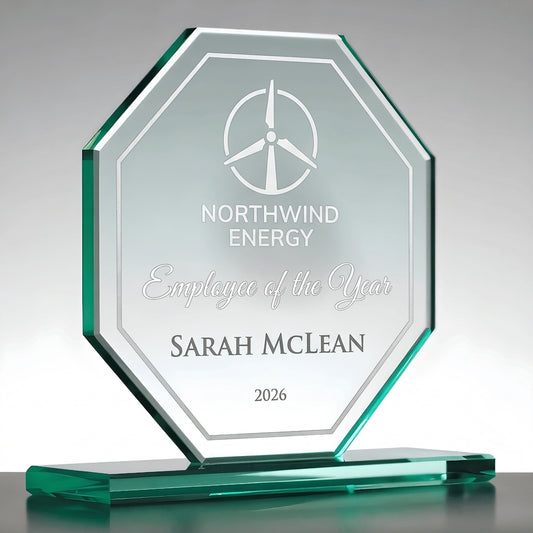 Example engraving (company logo): "Northwind Energy / Employee of the Year / Sarah McLean / 2026" on the Jade Octagon Glass Award