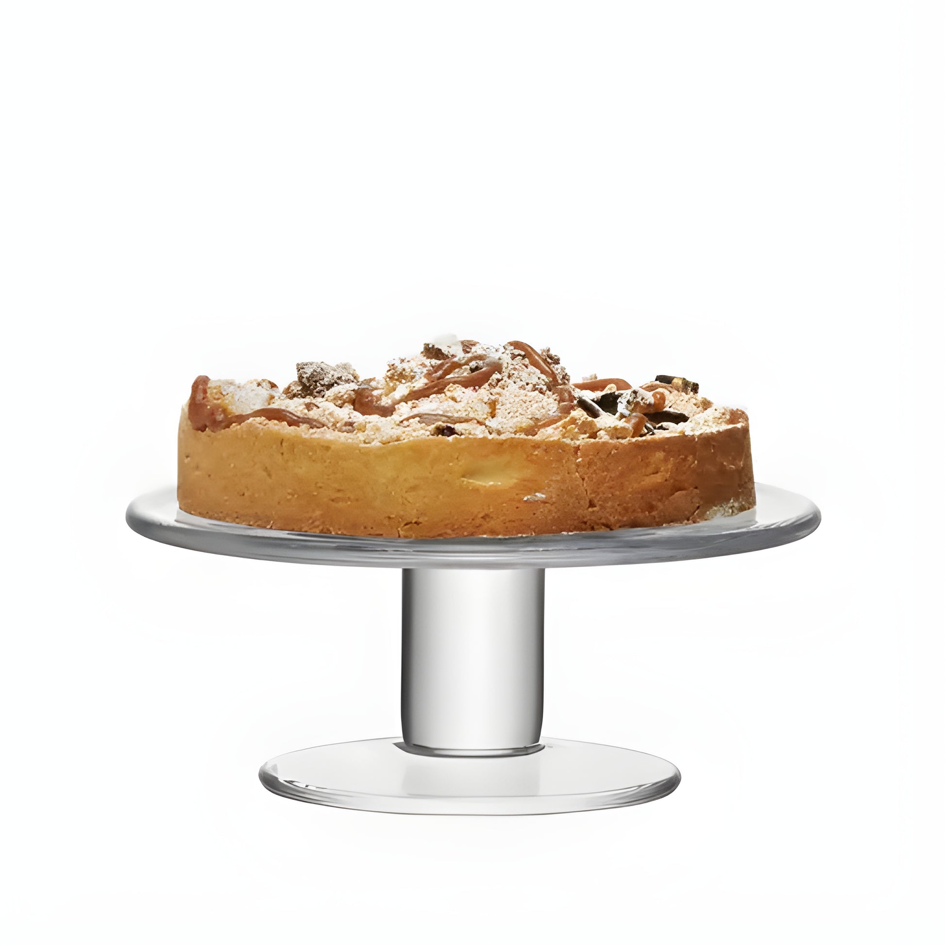 Clear glass cake stand displaying a powdered sugar-topped fruit cake.