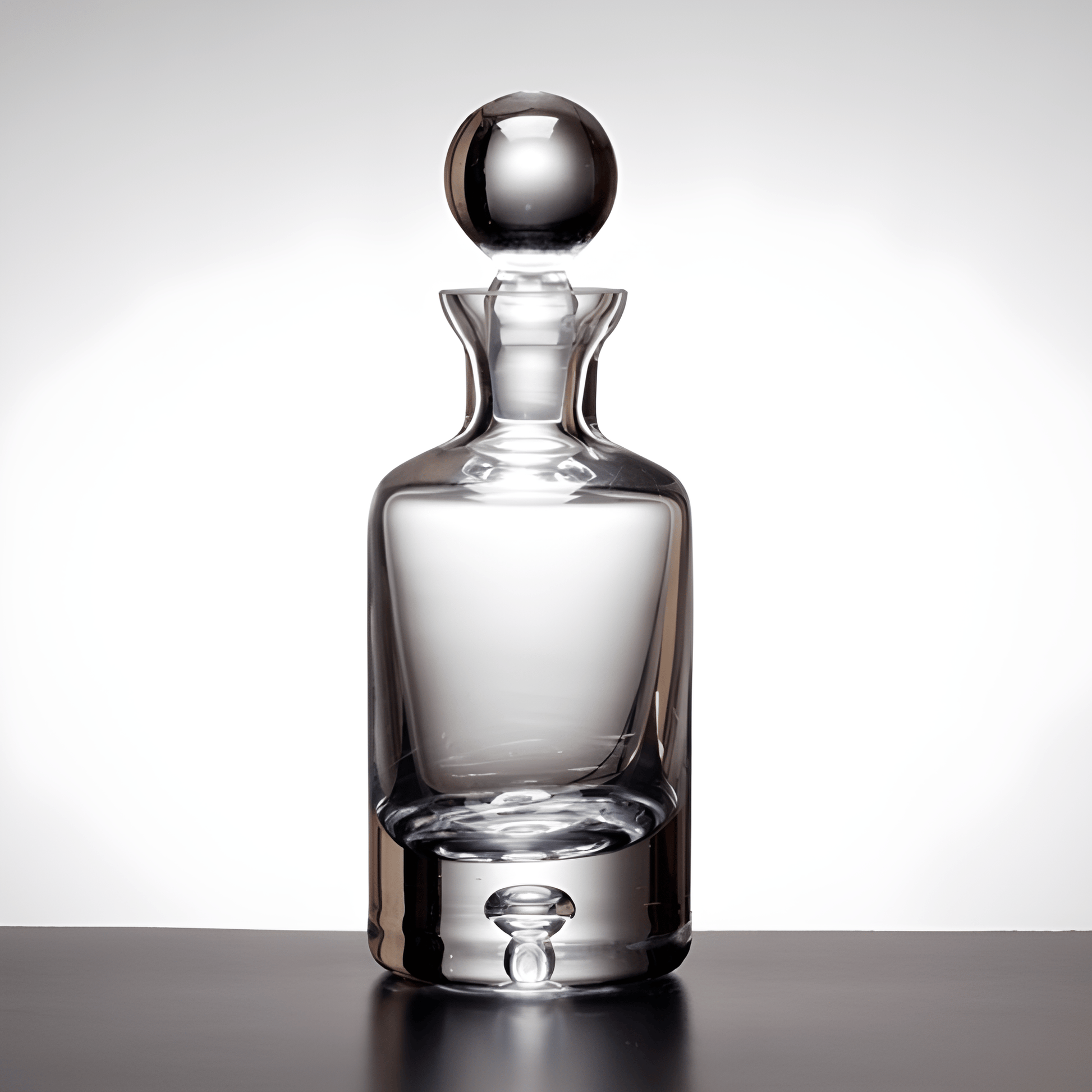 Clear glass decanter with round stopper on a reflective surface