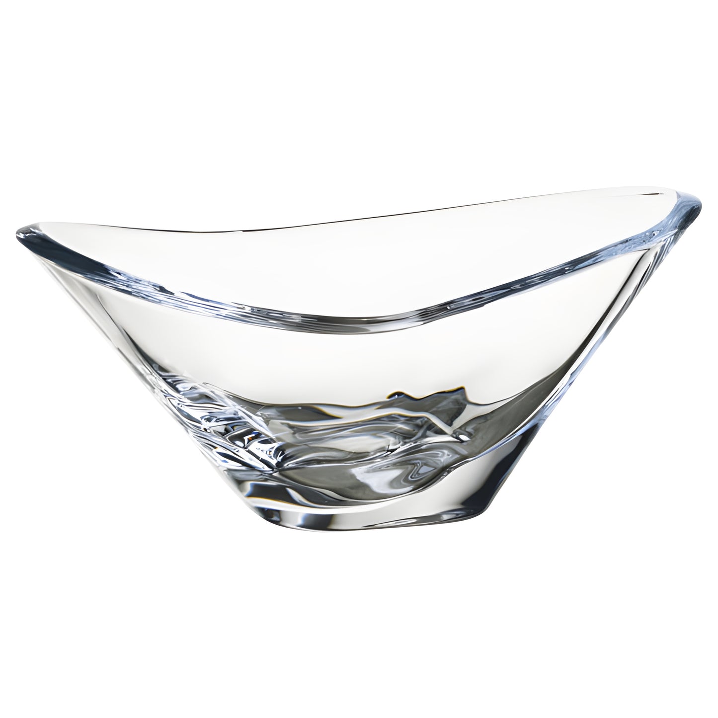 Modern clear glass bowl with a unique shape for decorative use.