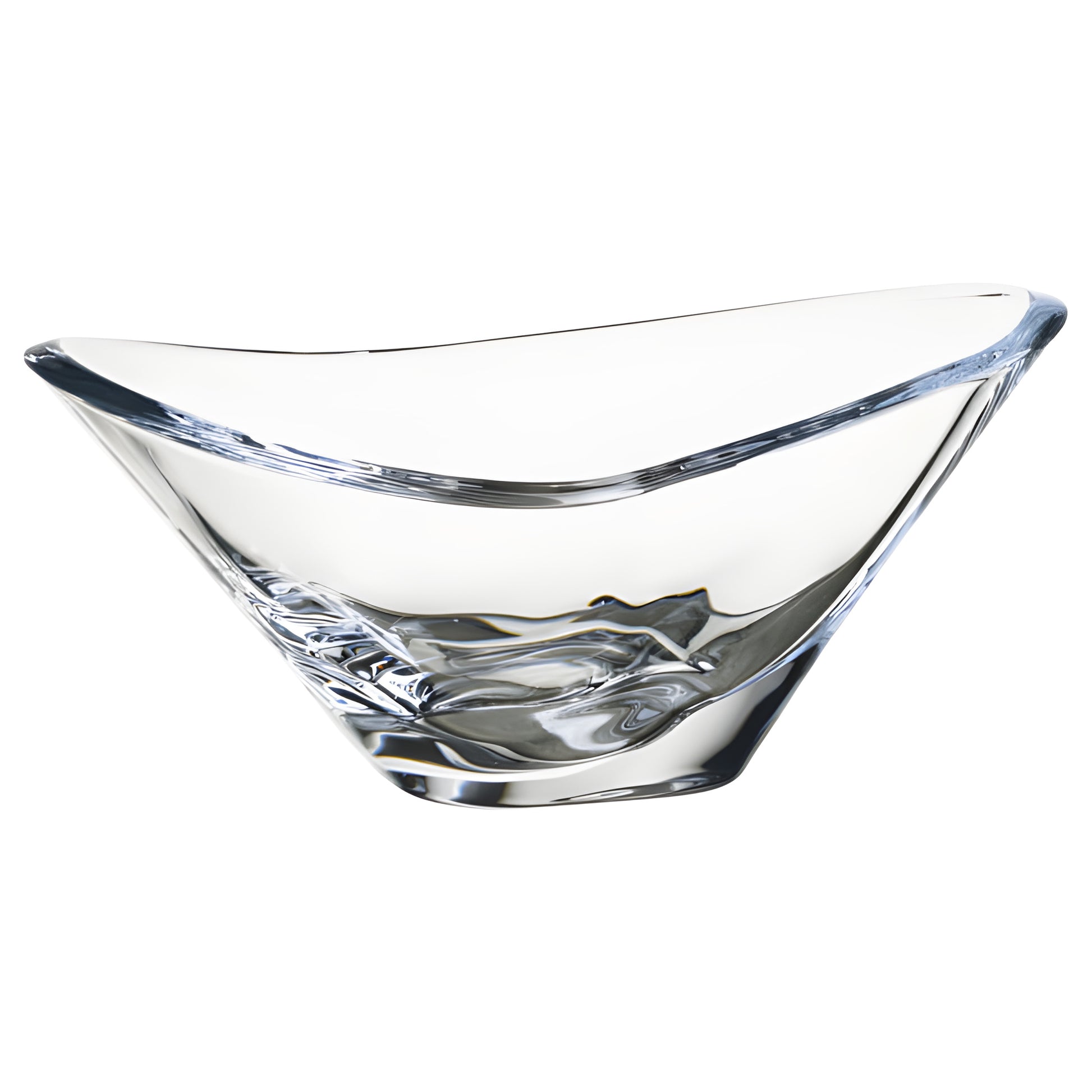 Modern clear glass bowl with a unique shape for decorative use.