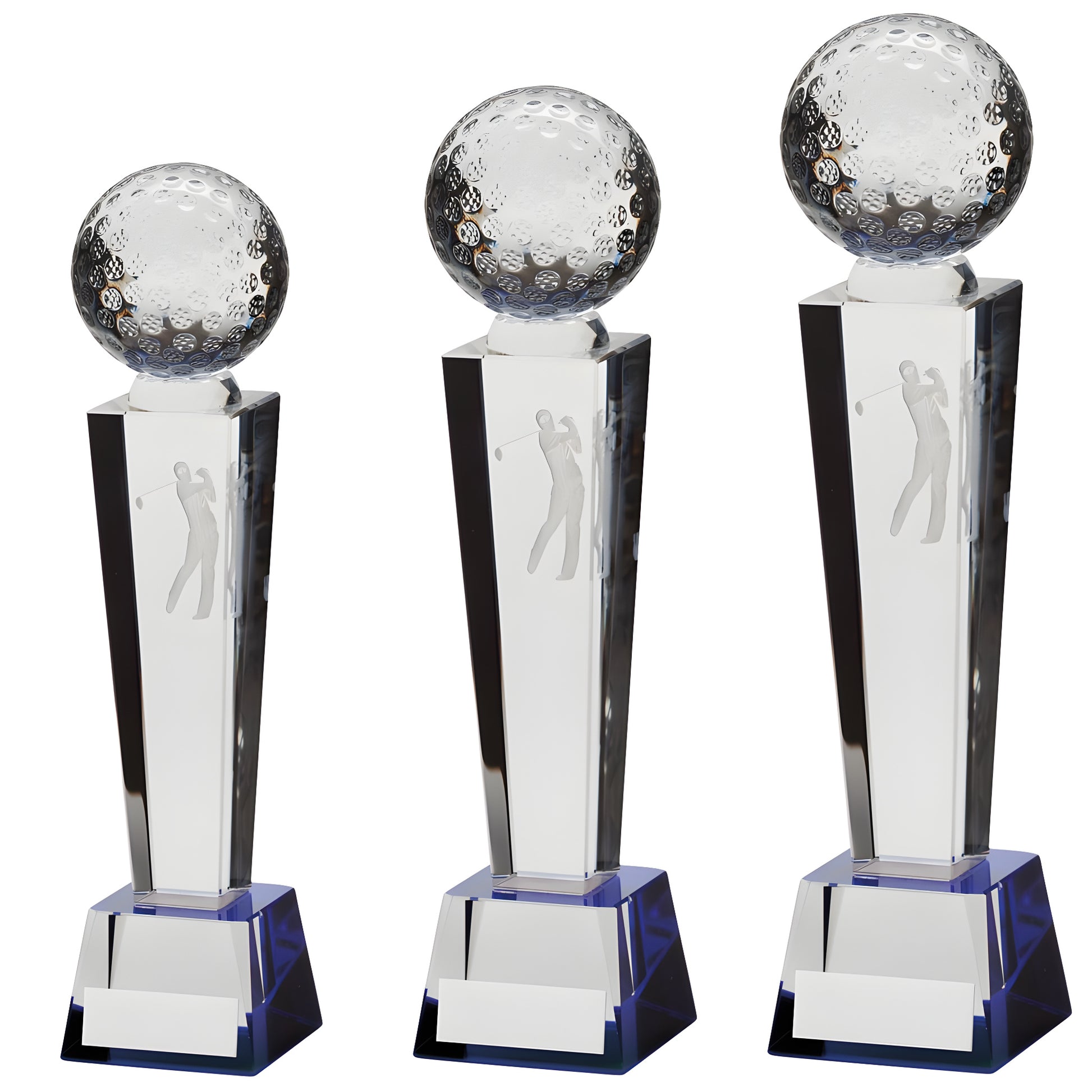 Set of engraved crystal golf trophies with golfer figure and golf ball design.