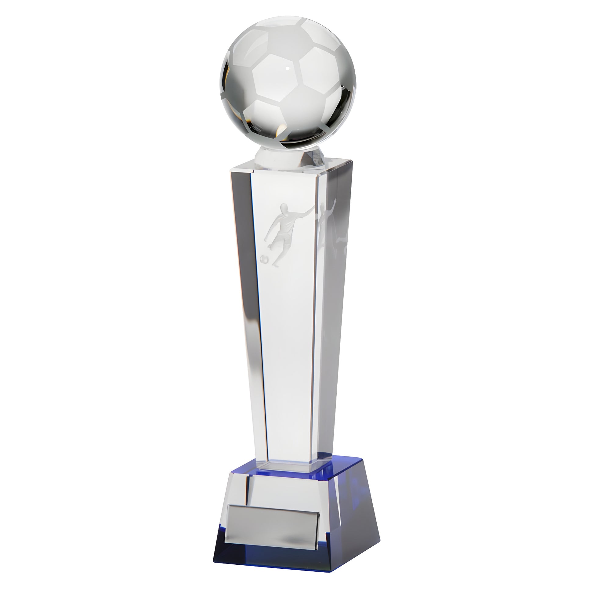 Engraved crystal soccer trophy with football on top.