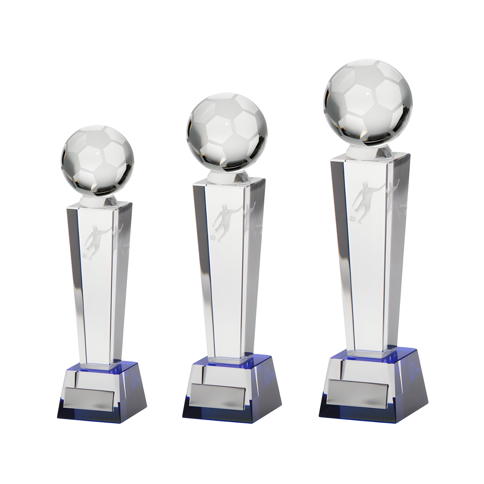 Three crystal football trophies of varying sizes with a footballer design.