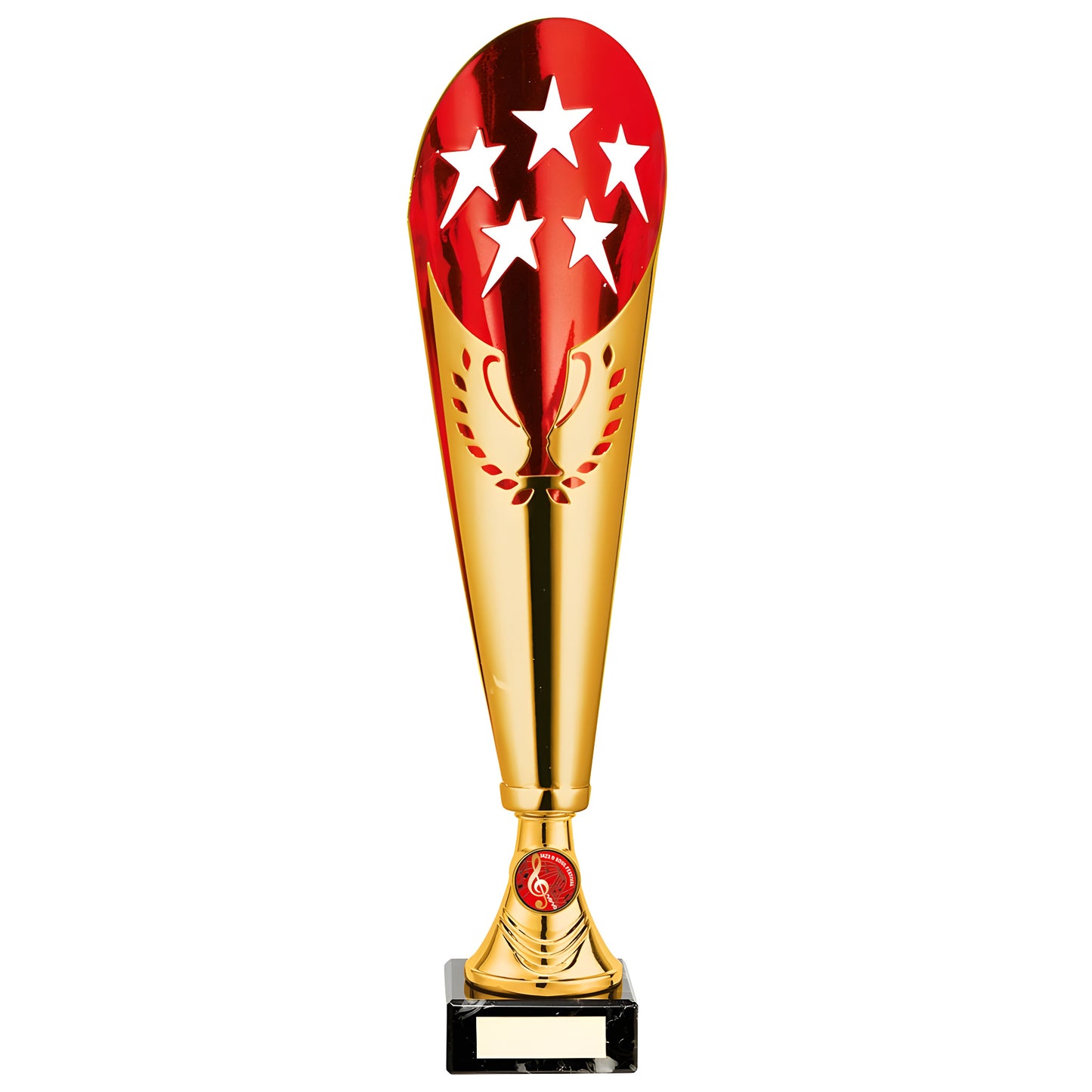 Gold and red metal award cup with stars and music emblem, 410mm tall.