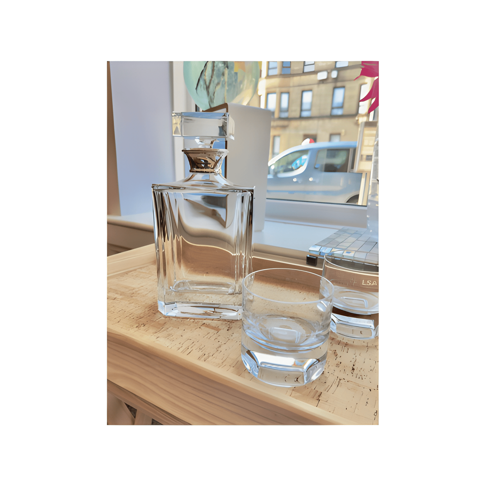 Crystal bourbon decanter and glass on a wooden table by a window.