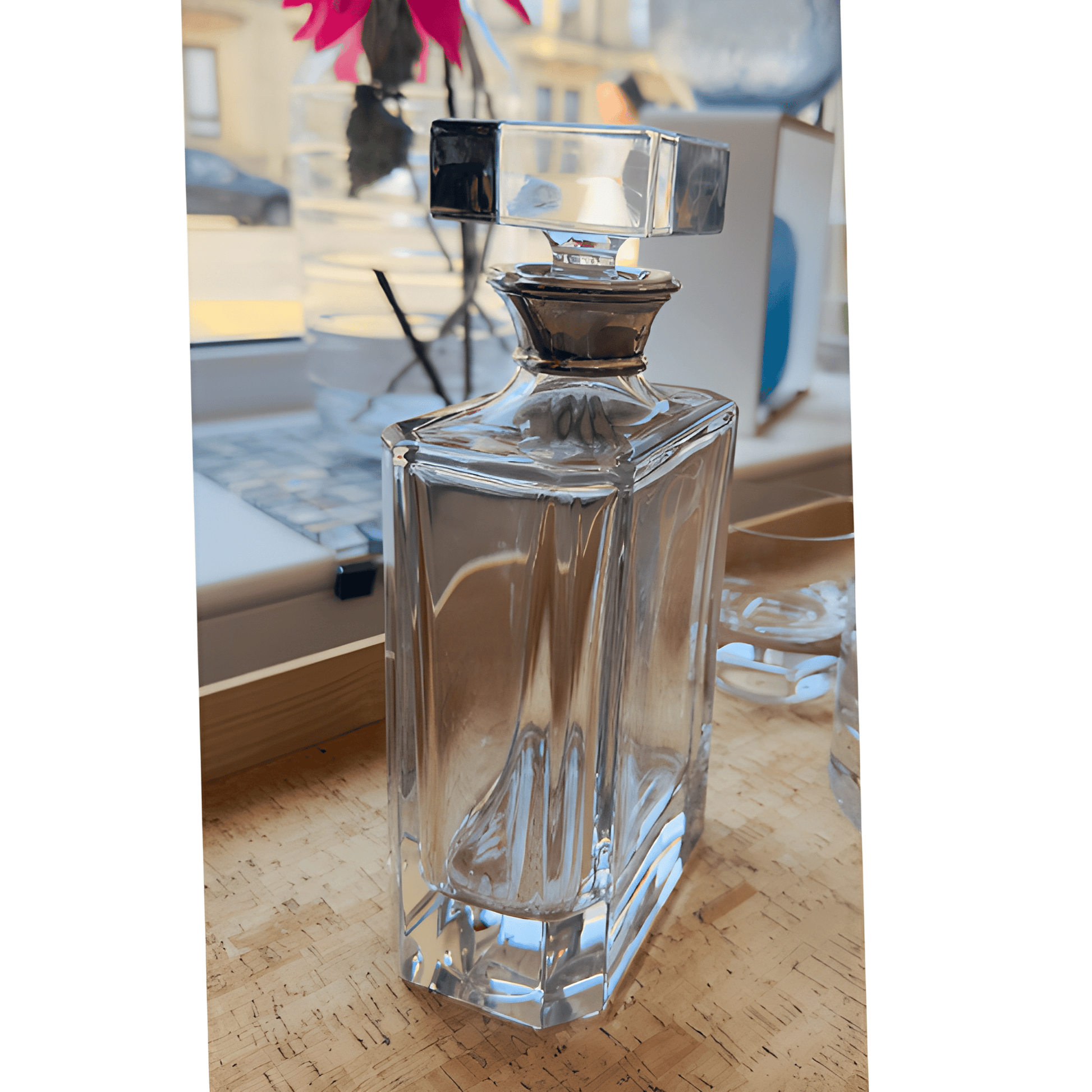 Crystal bourbon decanter on home bar with modern background.