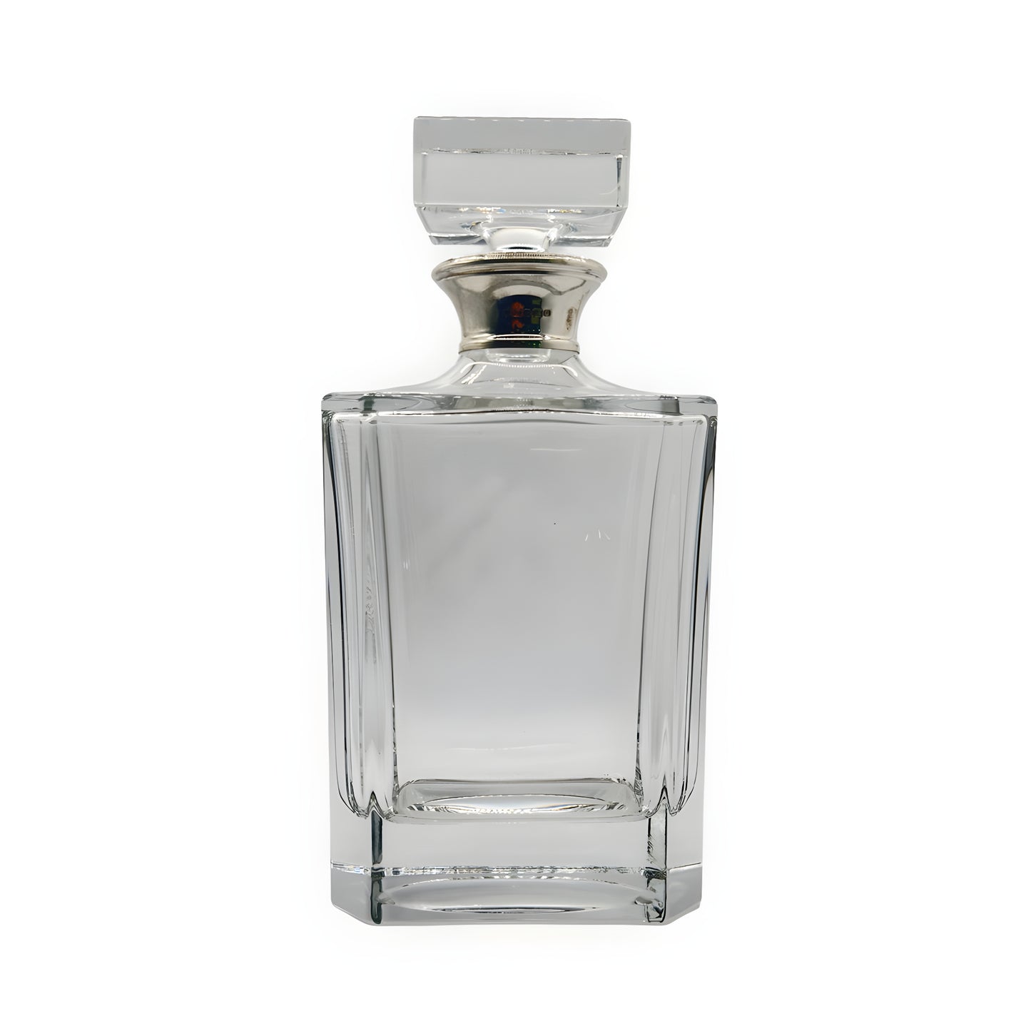 Crystal clear square bourbon decanter with a stopper.