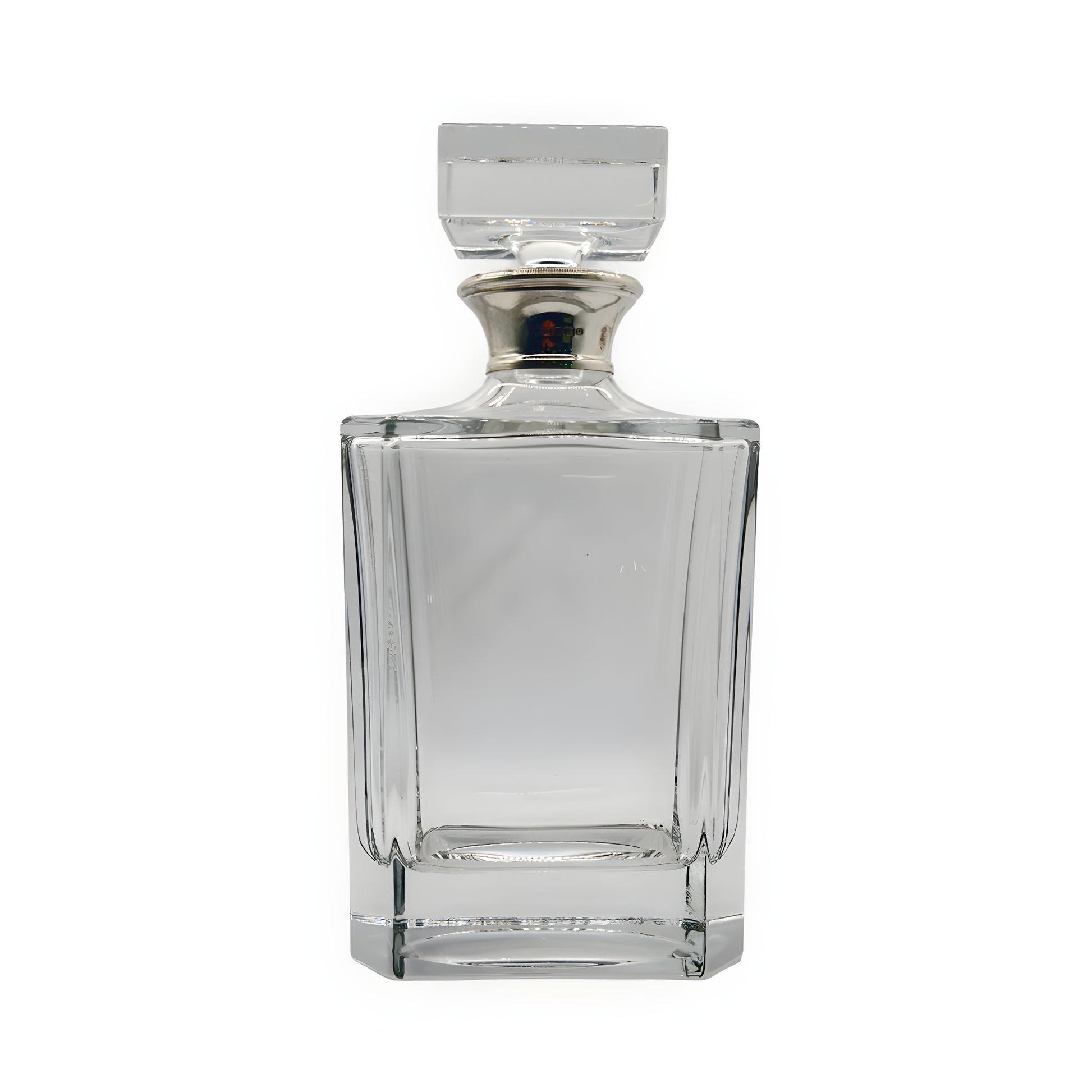 Crystal clear square bourbon decanter with a stopper.