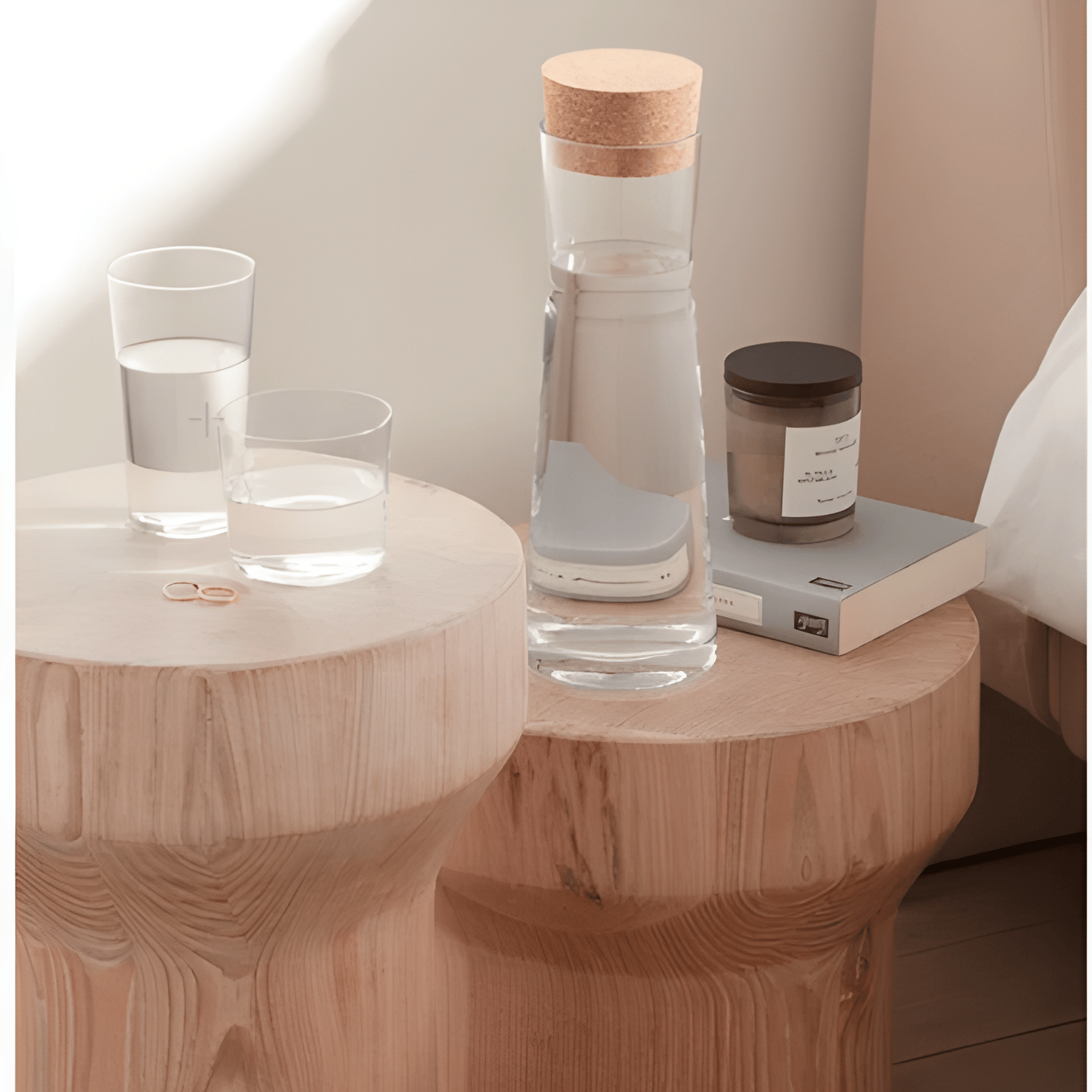 Clear glass carafe with cork lid and glasses on a wooden table.
