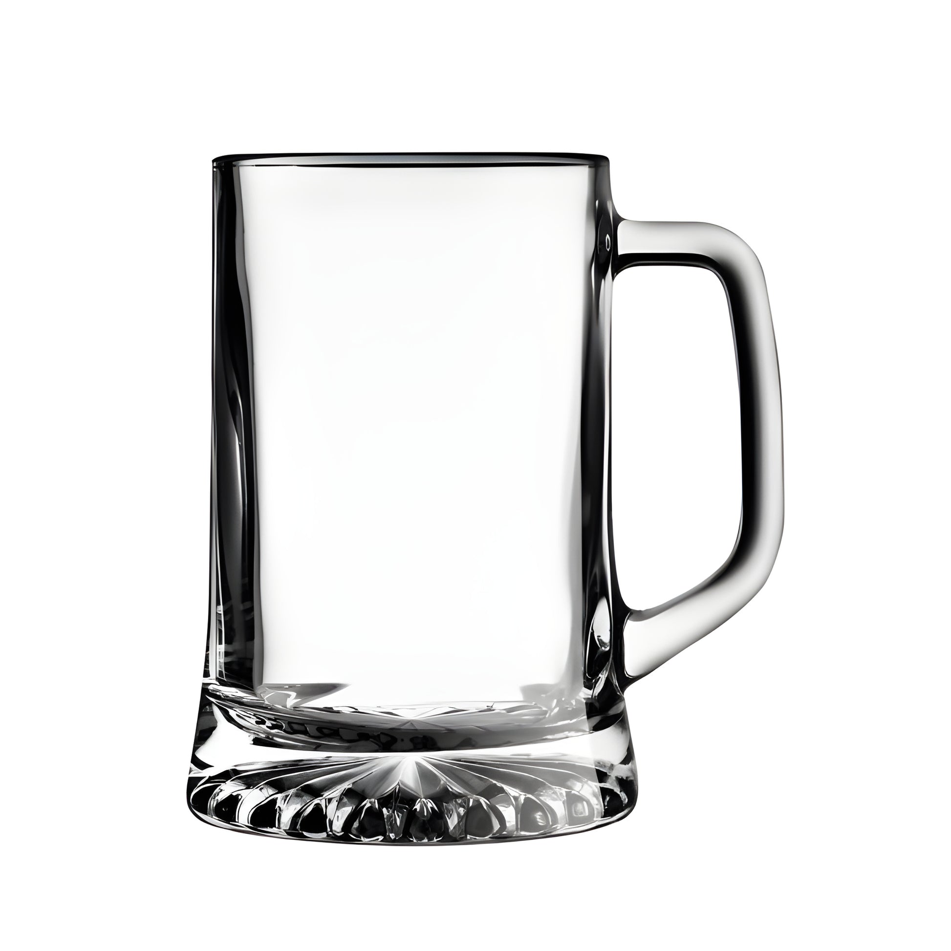 Empty clear glass beer mug with handle on white background.