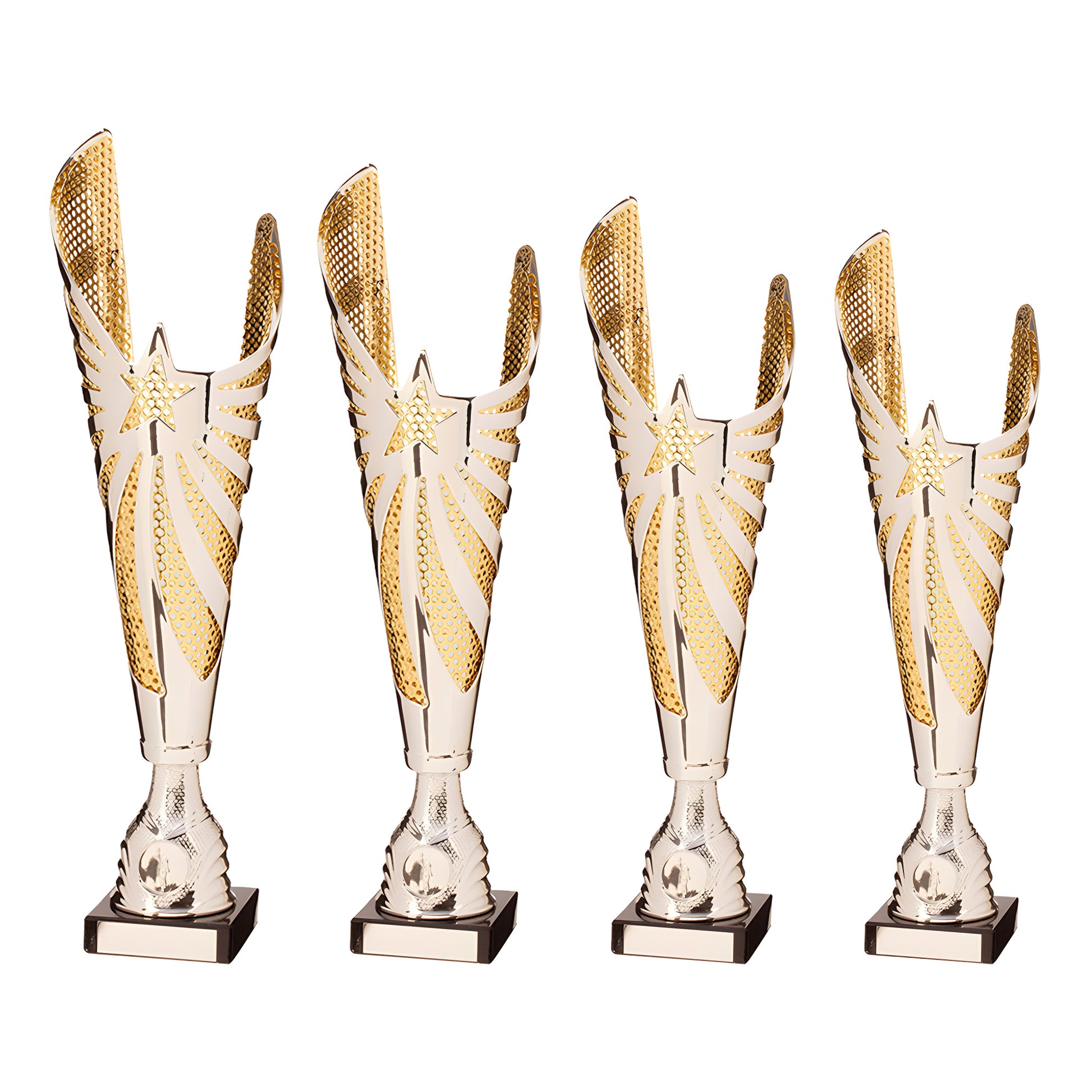 Set of four silver and gold star-shaped trophies with 345mm height for awards.