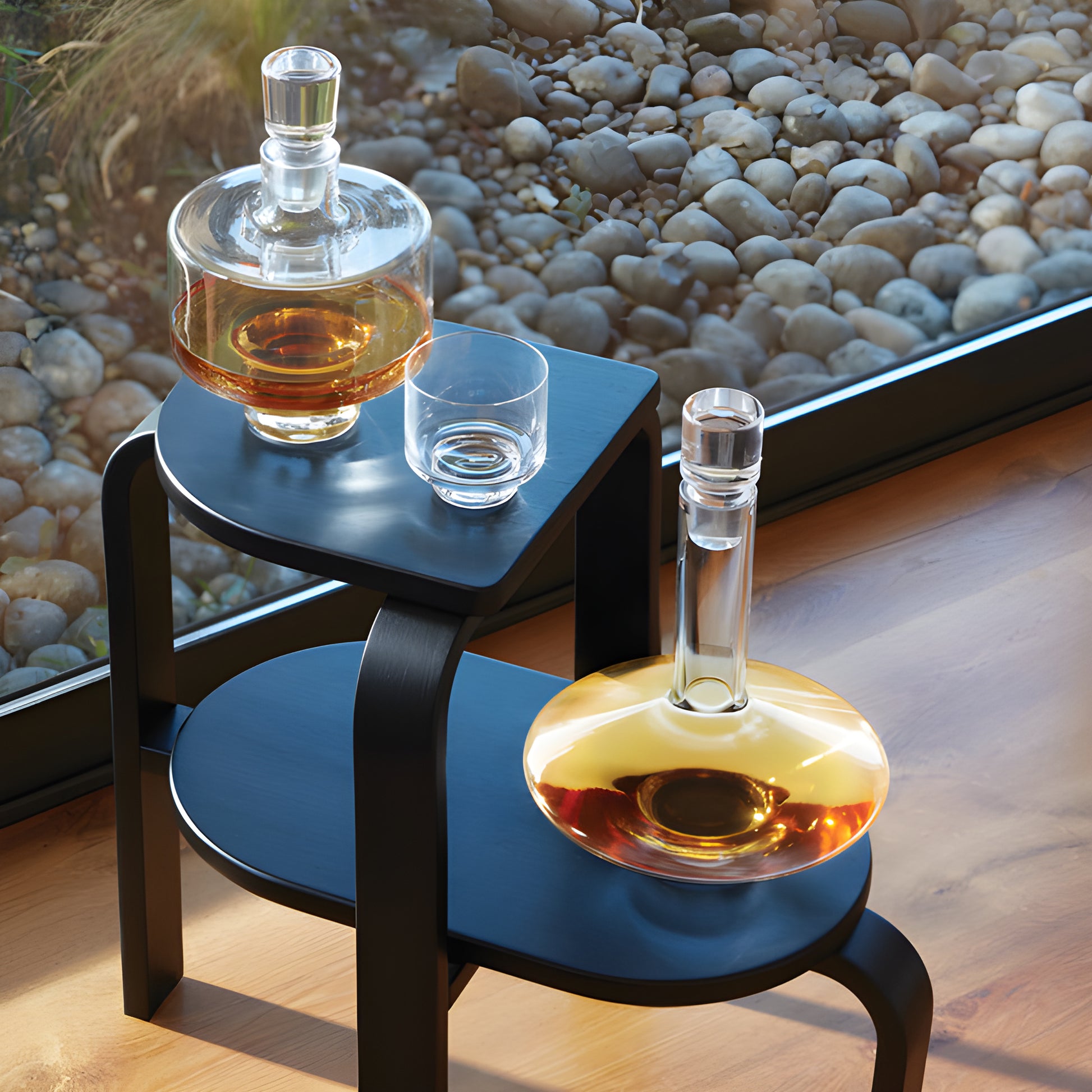 Two whiskey decanters and glass on a modern wooden table by a window.