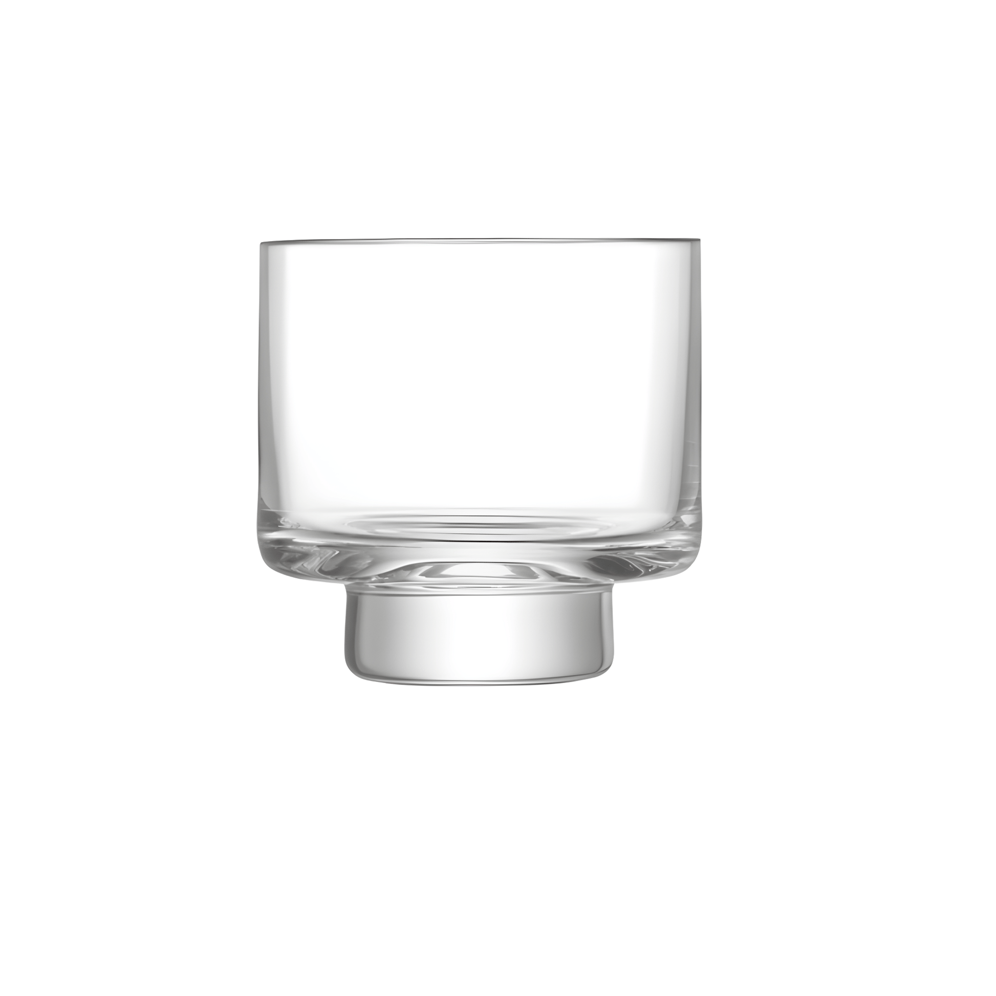 Clear modern whisky glass with unique base design on white background.