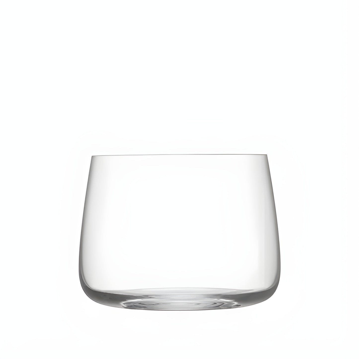 Clear stemless glass 360ml on white background.
