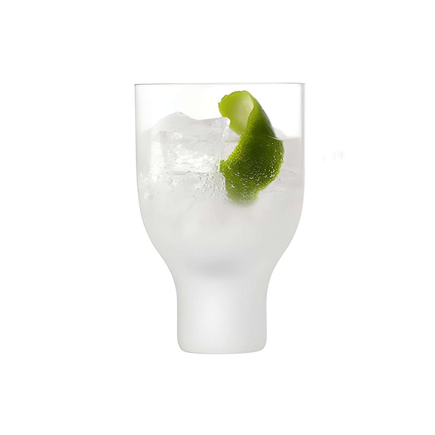 Clear glass tumbler filled with ice and a lime twist.