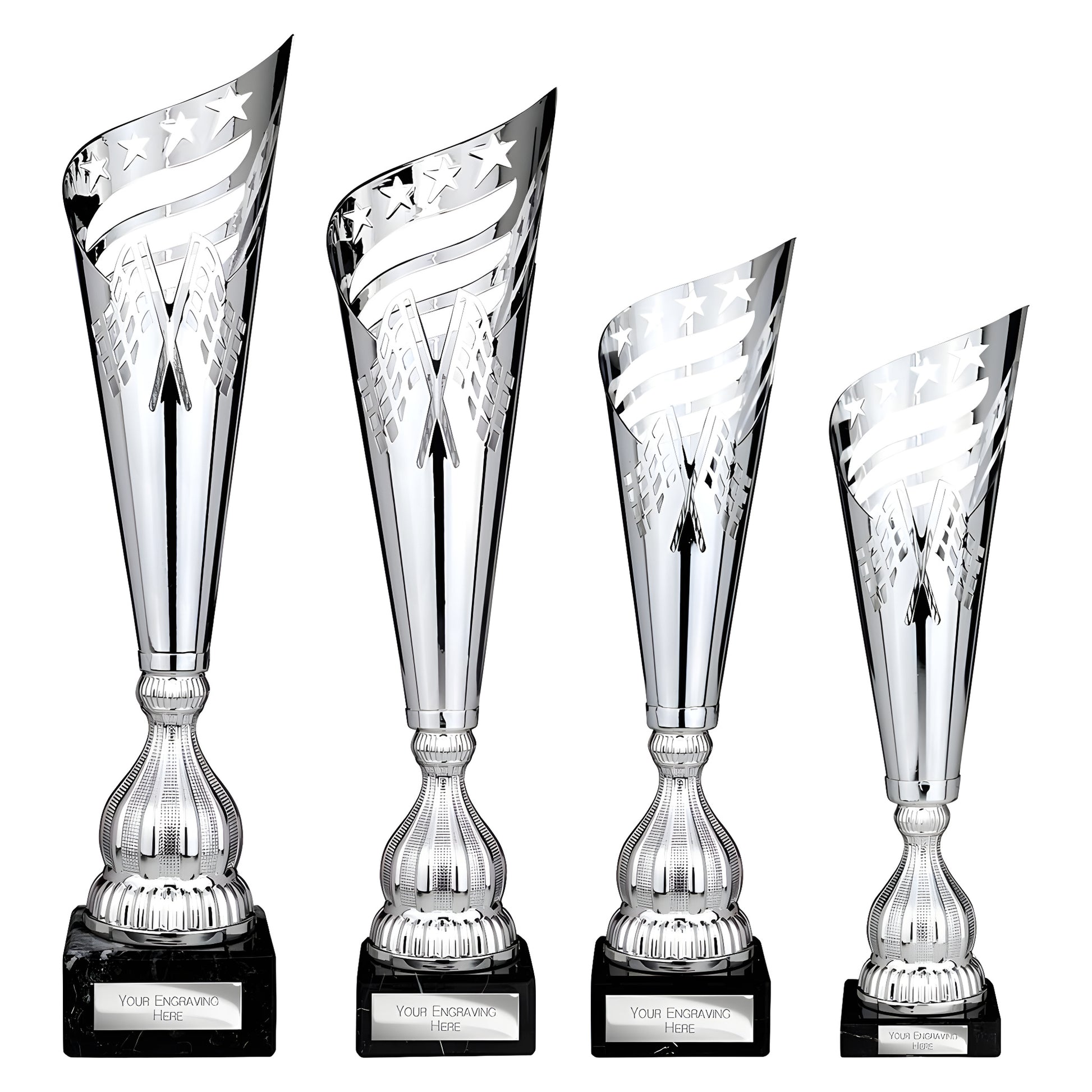 Four silver lazer cut metal trophies with engraving plates in varying sizes.