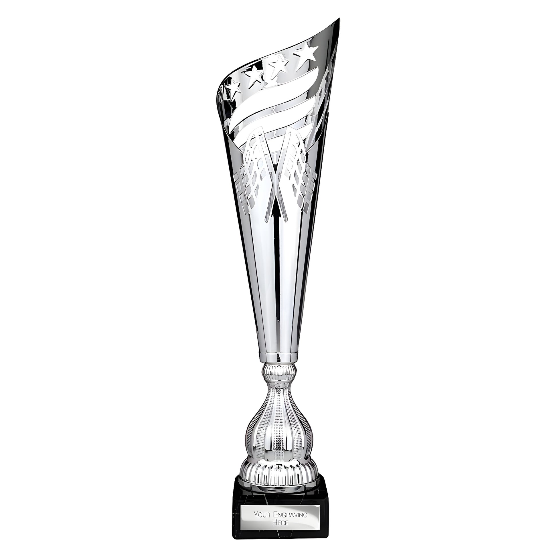 Silver metal trophy cup with intricate lazer-cut design and base for engraving.