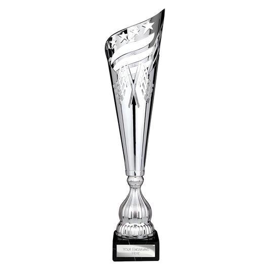Silver metal trophy cup with intricate lazer-cut design and base for engraving.