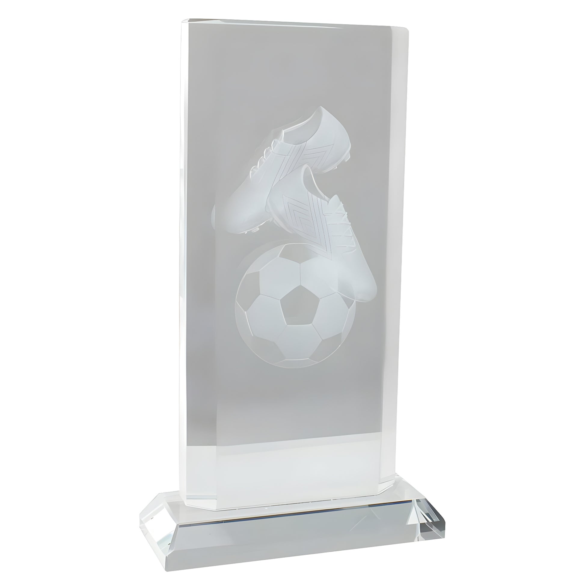 Crystal award with engraved soccer ball and shoes, ideal for football achievements.