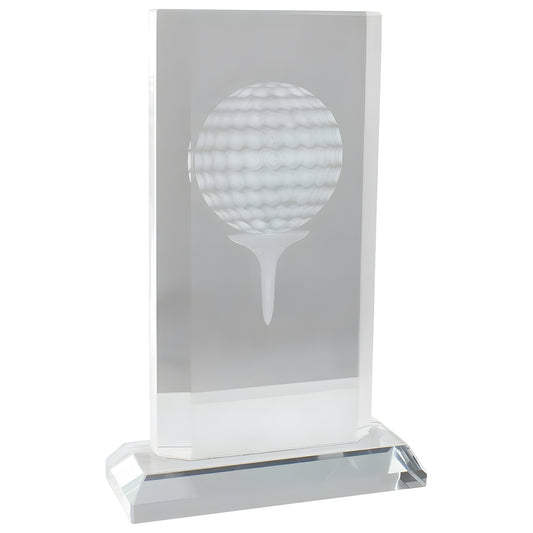 Crystal golf award with engraved golf ball on tee, ideal for tournaments.