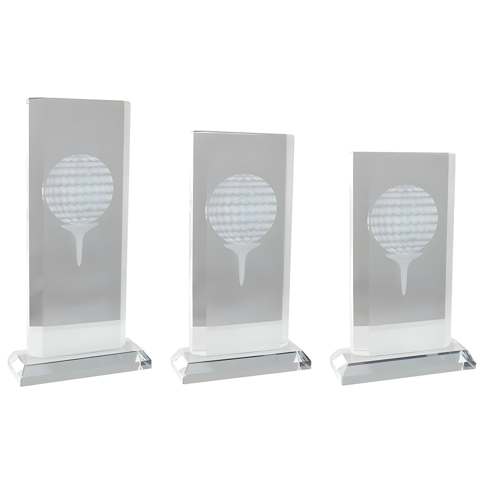 Rectangular crystal golf awards with engraved golf ball design.