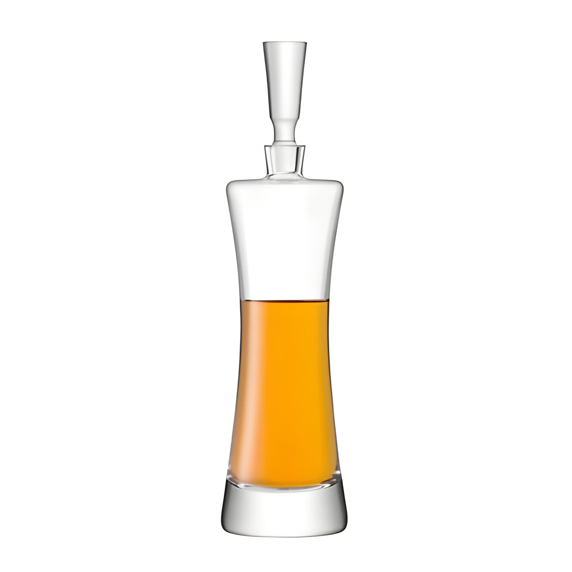 Modern Moya glass decanter with orange whiskey inside.