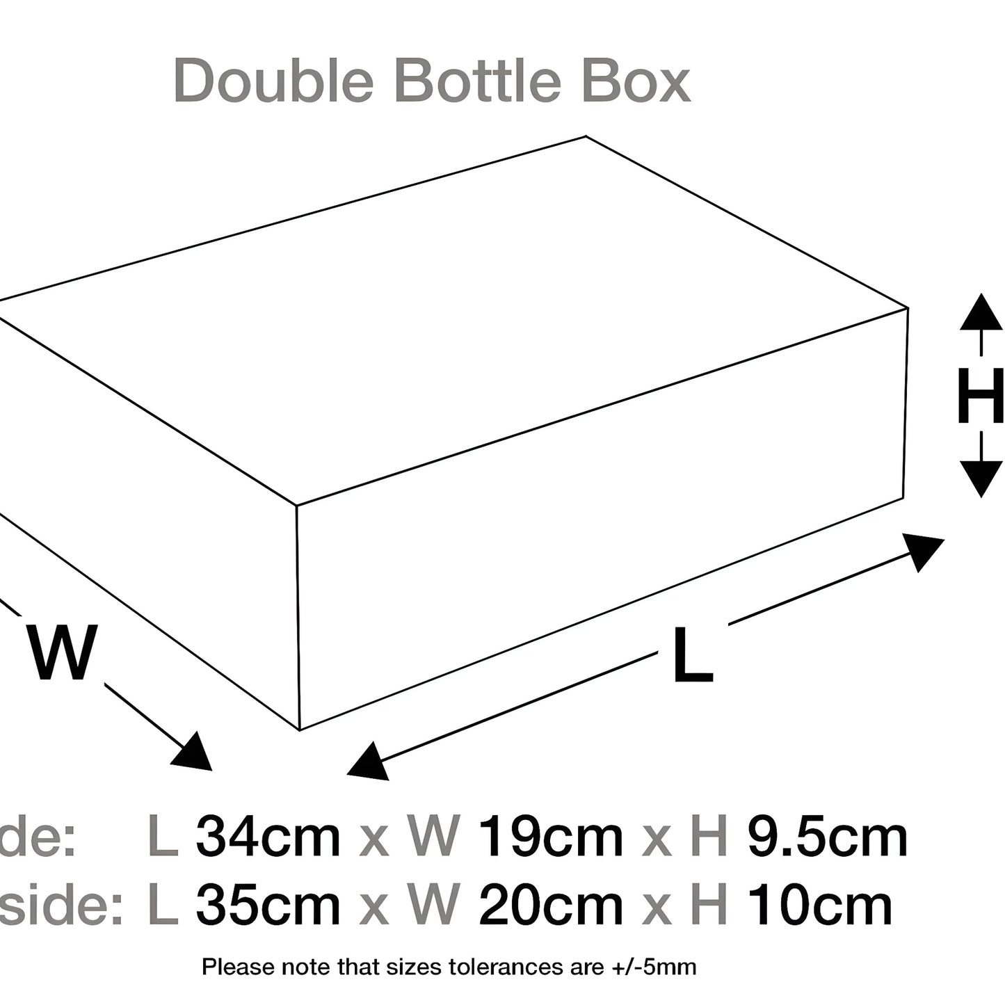 Diagram showing dimensions of a double bottle box with length, width, and height in centimeters.