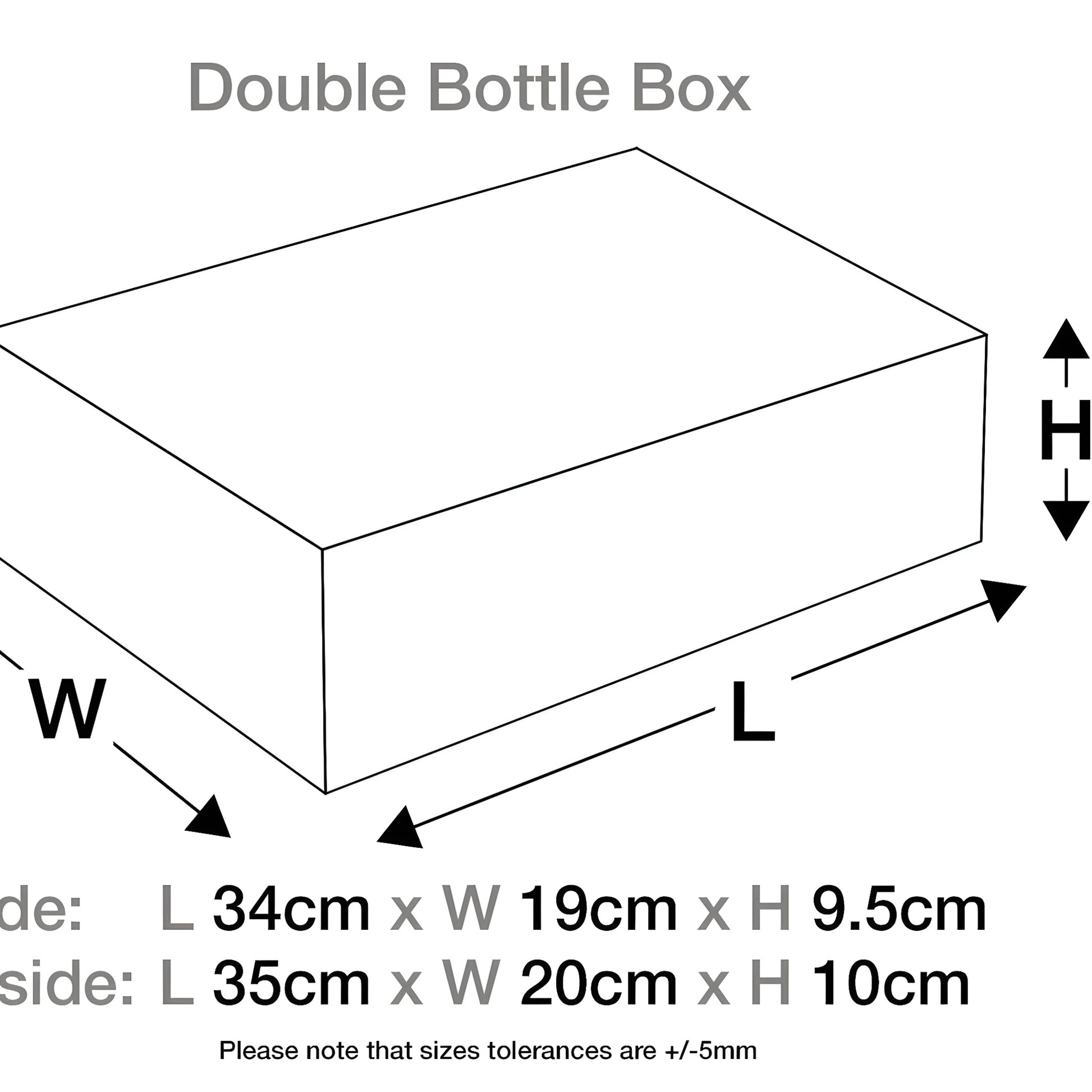 Diagram showing dimensions of a double bottle box with length, width, and height in centimeters.