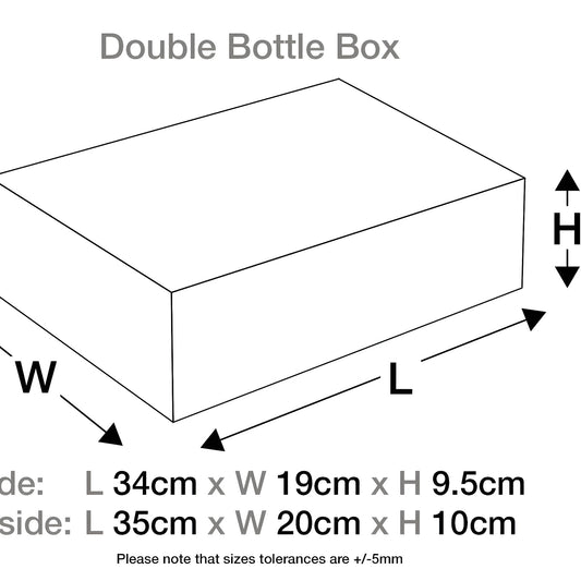 Diagram showing dimensions of a double bottle box with length, width, and height in centimeters.
