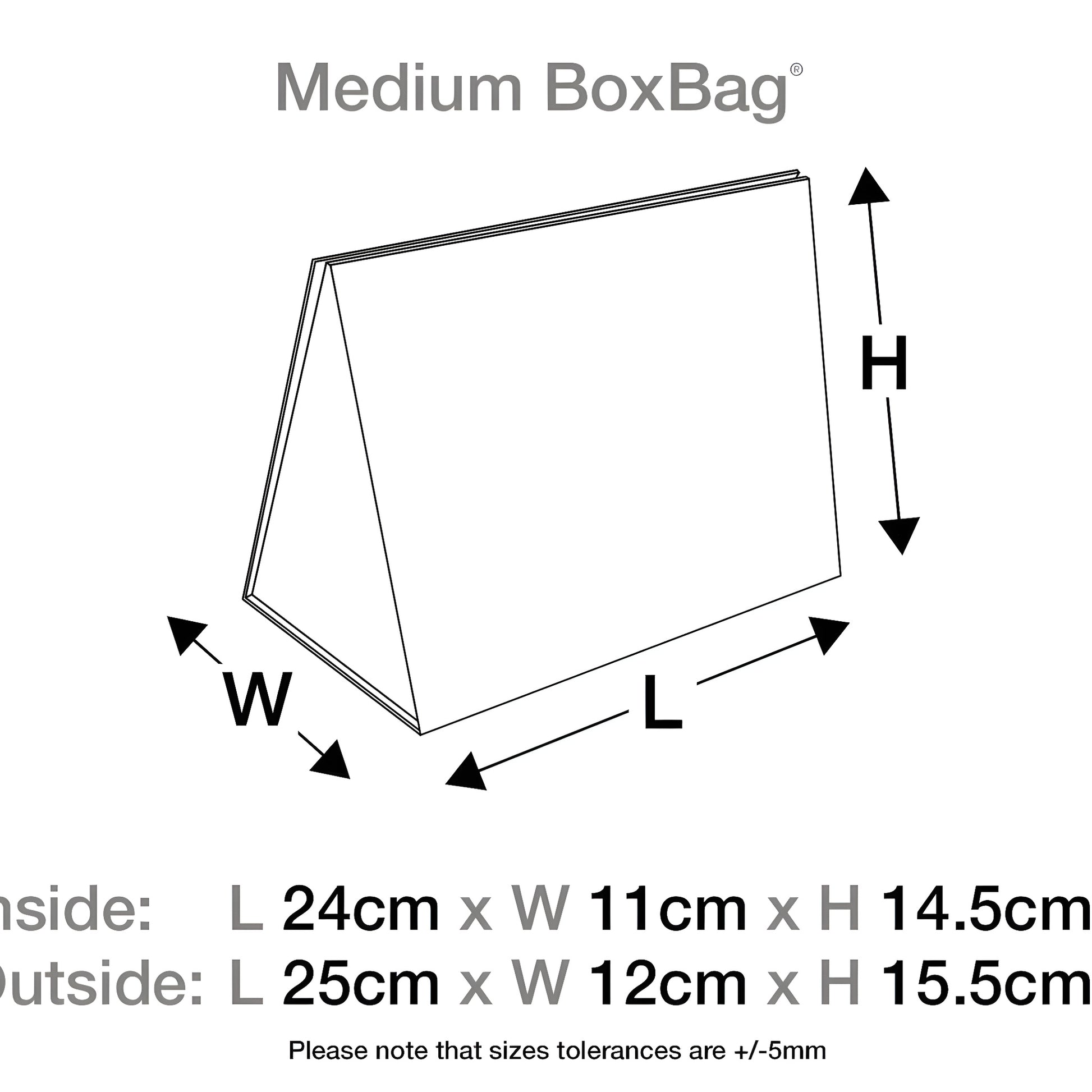 Diagram showing dimensions of a medium navy blue BoxBag with changeable ribbon.