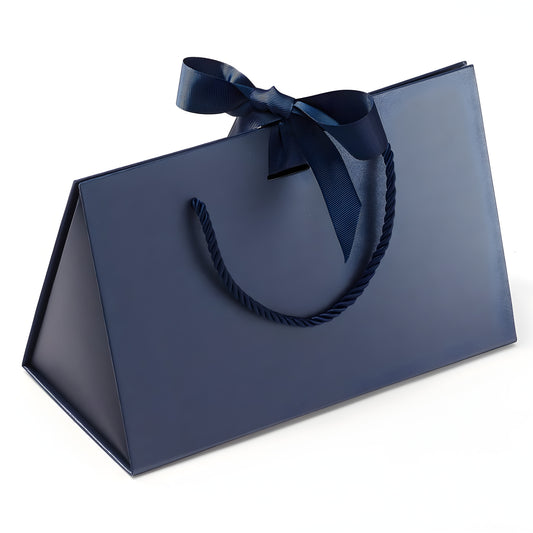 Navy blue triangular box bag with a changeable ribbon handle.