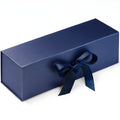 Navy blue gift box with ribbon for single bottle packaging.