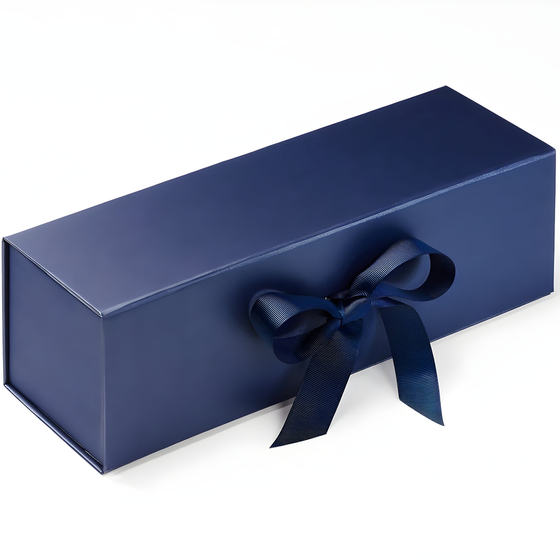 Navy blue gift box with ribbon for single bottle packaging.