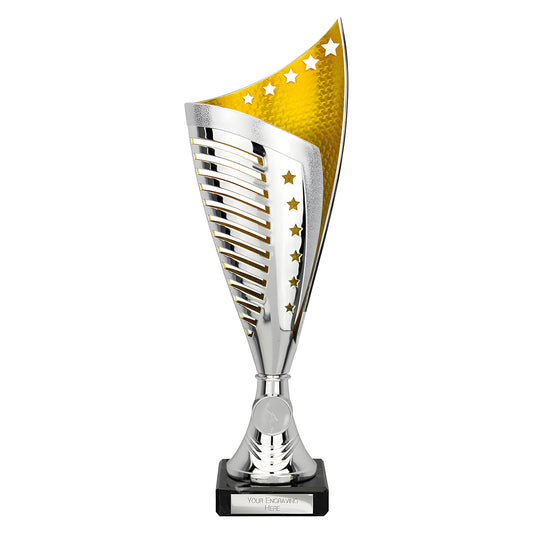 Silver and gold trophy with stars, modern design, 320mm tall.