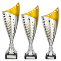 Three silver and gold trophies with star designs and customizable engraving plates.