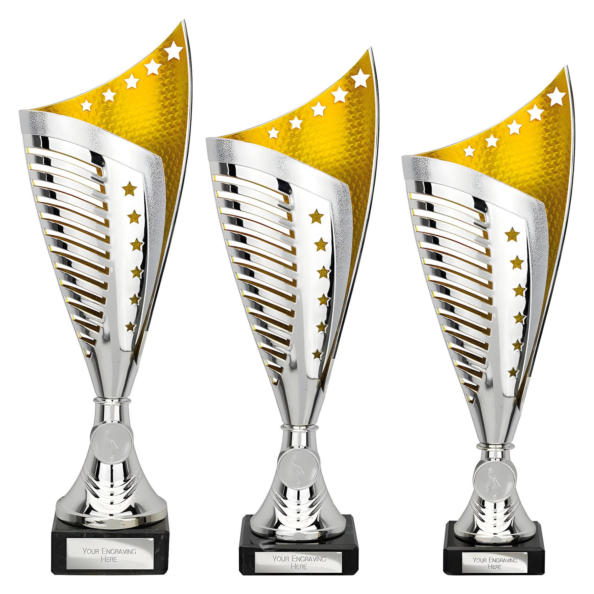 Three silver and gold trophies with star designs and customizable engraving plates.