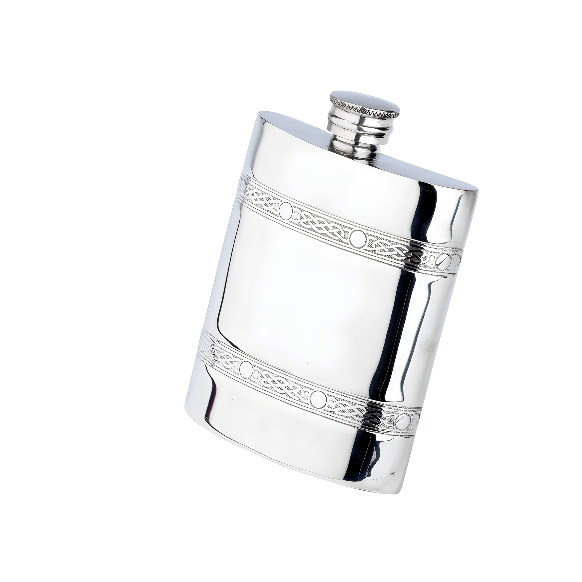 Silver 6oz flask with engraved Celtic patterns oblong shape